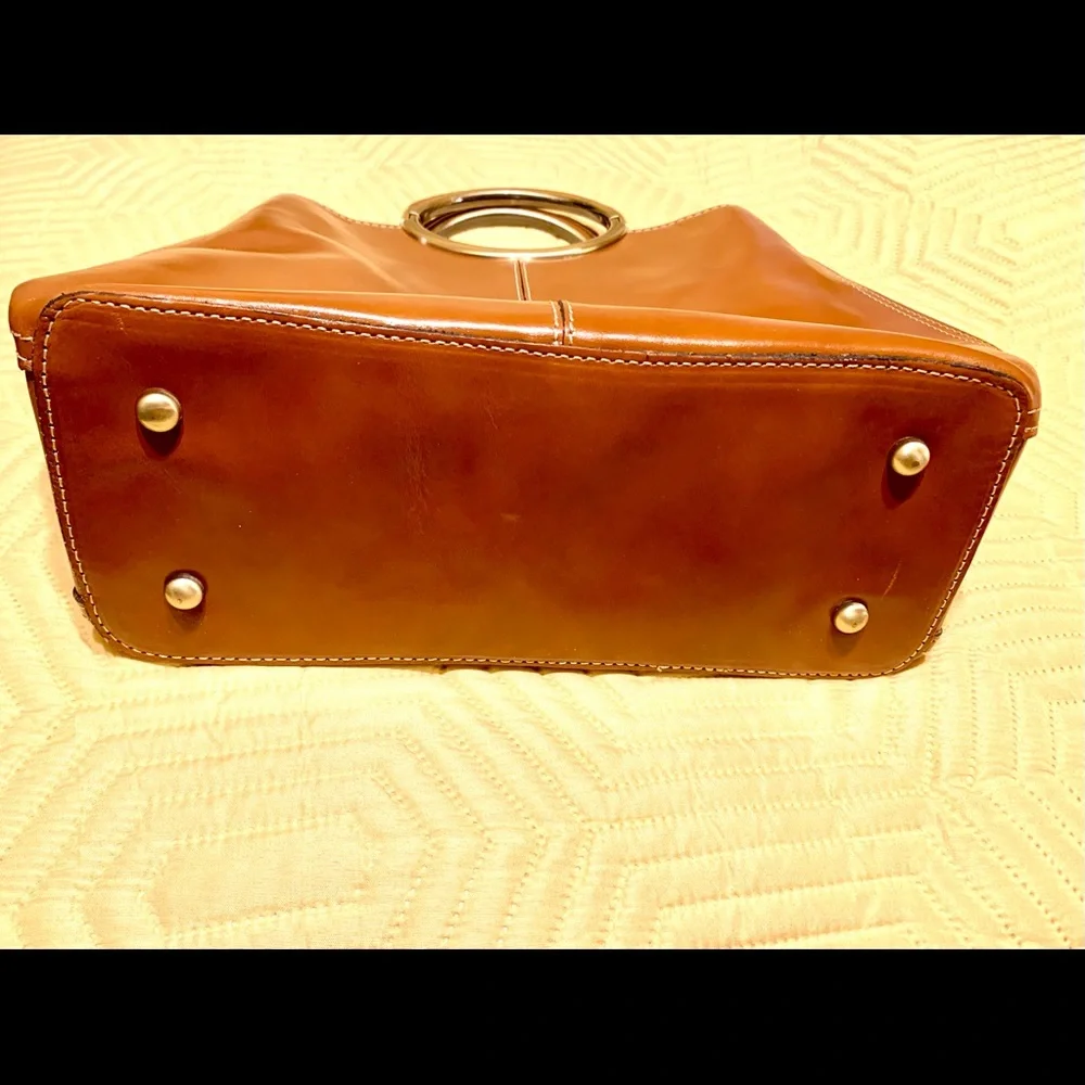 Patricia Nash Saddle Brown Leather Satchel with Gold Ring Handles